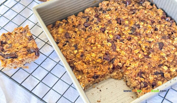 Healthy Banana Oat Bars Recipe to create for snack or treats. Sugar free with almond butter and chocolate chips, granola for breakfast snack.
