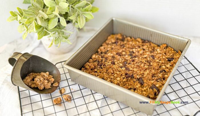 Healthy Banana Oat Bars Recipe to create for snack or treats. Sugar free with almond butter and chocolate chips, granola for breakfast snack.