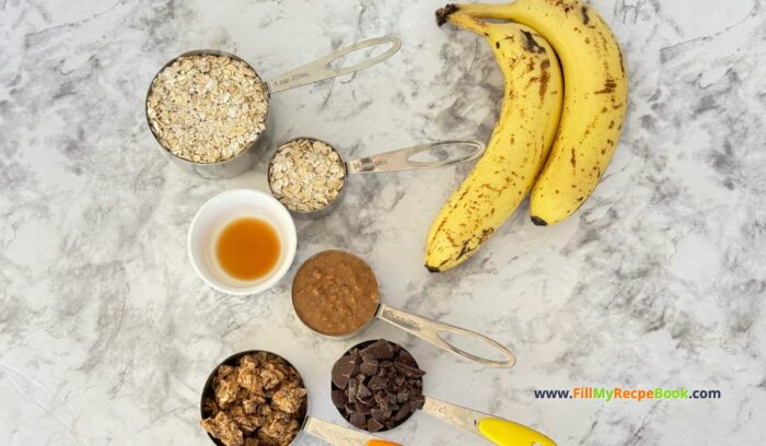 ingredients, Healthy Banana Oat Bars Recipe to create for snack or treats. Sugar free with almond butter and chocolate chips, granola for breakfast snack.