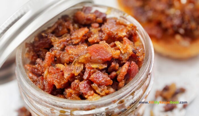 Homemade Tasty Bacon Jam Recipe idea. Known as a relish, chutney and is versatile for appetizers, toppings, additions to dishes. bottled.