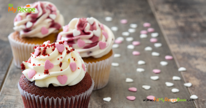 Valentines Vanilla Frosted Cupcakes recipe idea decorated with heart sprinkles, easy frosting icing for desserts for tea time snack.