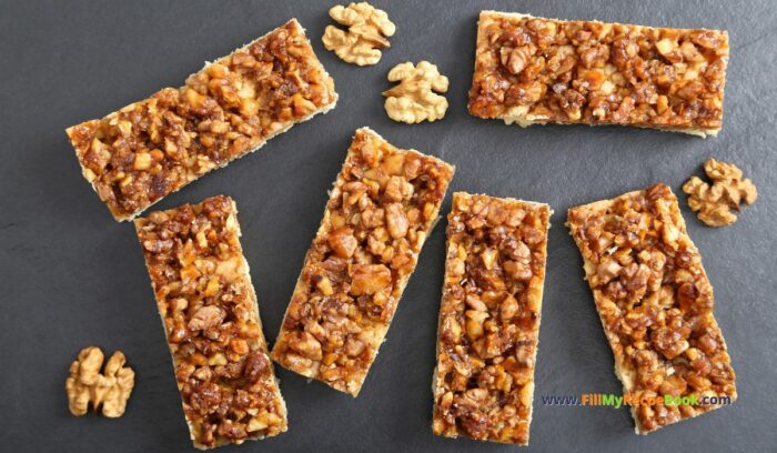 A Caramalized Walnut shortbread Bars recipe idea. Healthy and easy recipe bars for snacks or treats with nuts for a dessert.