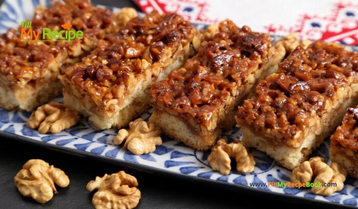 A Caramalized Walnut shortbread Bars recipe idea. Healthy and easy recipe bars for snacks or treats with nuts for a dessert.