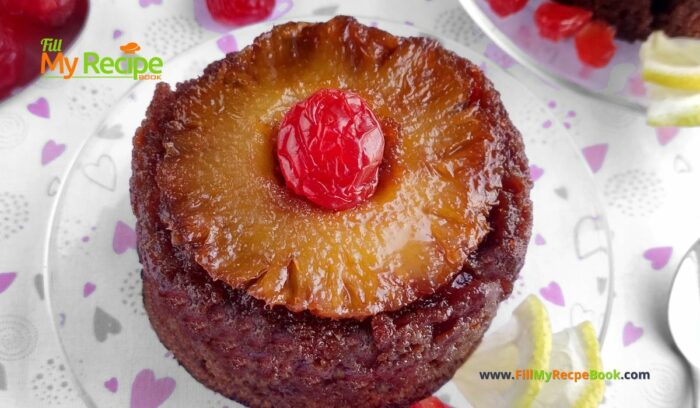 An Easy Caramelized Pineapple Upside Down Mini Cake recipe. Oven Baked for a fine dining dessert from scratch topped with cherries.