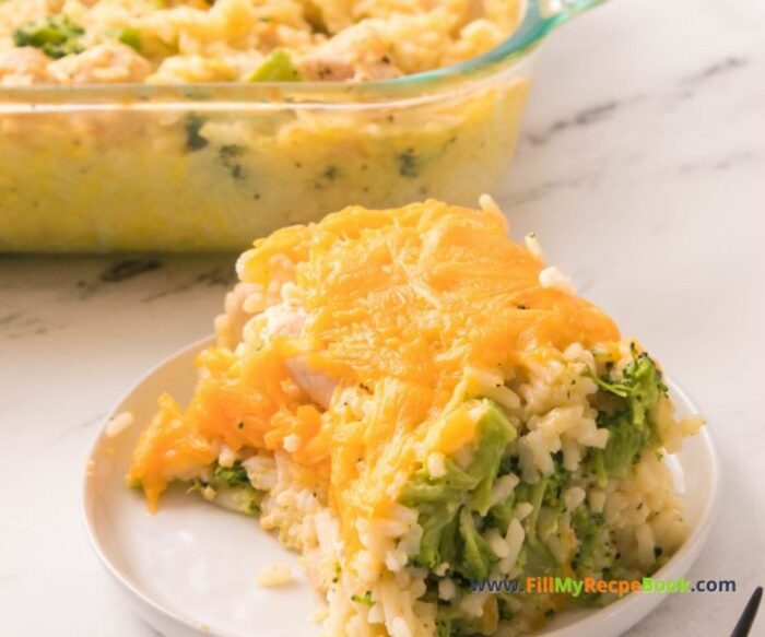 Easy Creamy Chicken Broccoli Rice Casserole recipe idea. Food that is an easy oven bake food for family meal, topped with cheese and herbs.