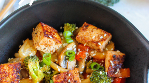 Easy Tofu Veggie Stir Fry Recipe idea with honey and sesame seeds. A no bake healthy vegan or vegetarian meal with udon noodles.