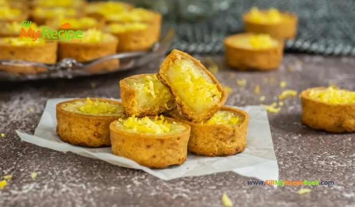 Mini Lemon Custard Tart Recipe idea. Oven Baked in pre bought crusts with sour cream and egg filling, garnished with lemon zest for dessert.