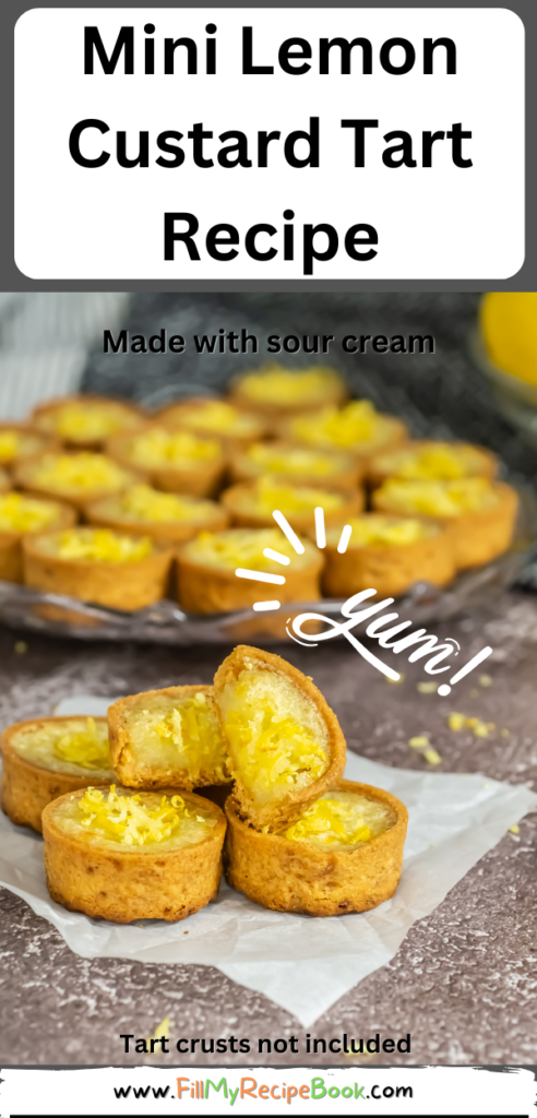Mini Lemon Custard Tart Recipe idea. Oven Baked in pre bought crusts with sour cream and egg, fillings garnished with lemon zest for dessert.