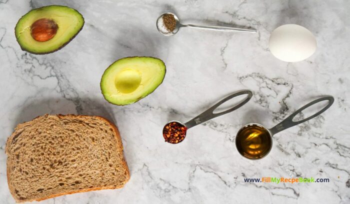 Ingredients for Nutritious Avocado Grated Egg on Toast recipe idea has a crispy bite with buttery avocado and grated boiled egg spiced with lemon pepper.