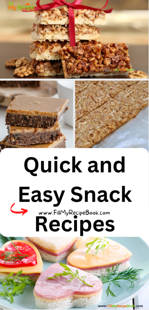 Quick and Easy Snacks Recipes ideas to create. Homemade savory or sweet snack bars with simple treats to cook as dessert for kids and adults.