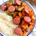 Tasty Sausage and Veggies Sheet Pan Dinner recipe. An all in one easy meal to put together and bake in oven for supper or lunch with sides.