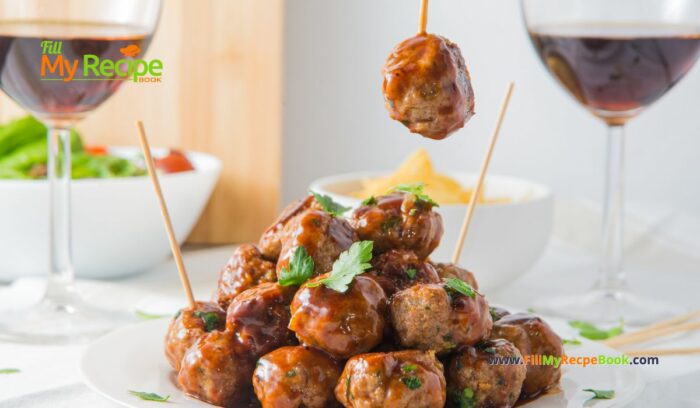 Sweet and Spicy Cocktail Meatballs recipe idea made from scratch. Mini beef appetizers oven baked with honey and barbecue sauce on a stick.