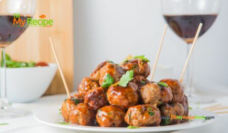 Sweet and Spicy Cocktail Meatballs recipe idea made from scratch. Mini beef appetizers oven baked with honey and barbecue sauce on a stick.