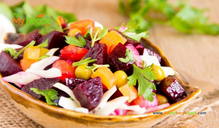 Tasty Beetroot Salad Recipe idea for a side dish. Healthy dressing with honey mustard and bite size veggies to plate with meals or grills.