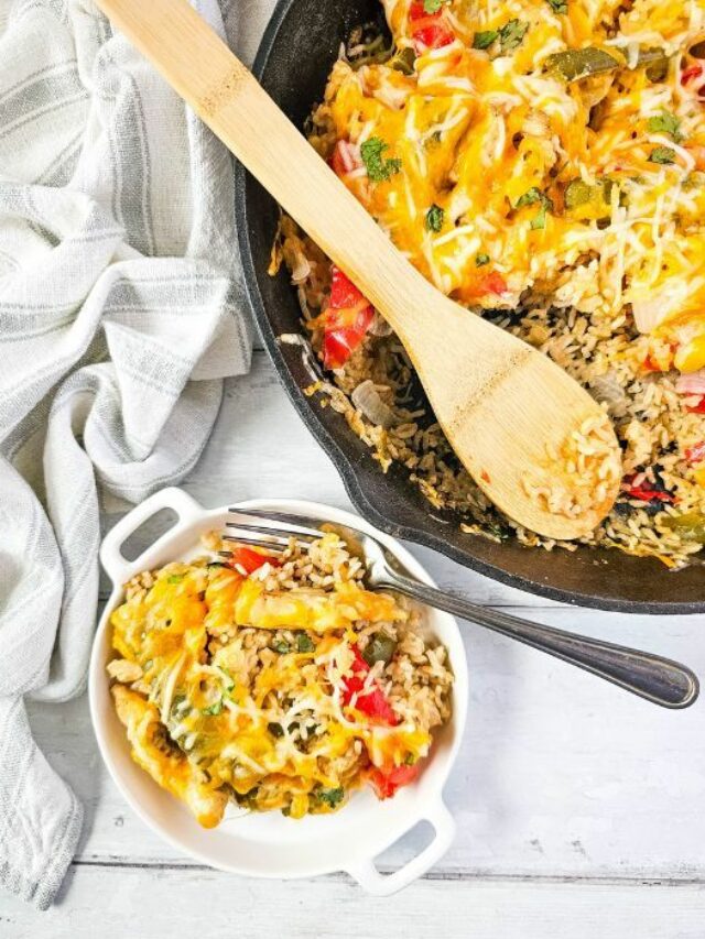 Easy Chicken Fajita Casserole Recipe in an iron skillet pan. The best go to dinner or lunch idea to cook on stove top then bake in the oven.