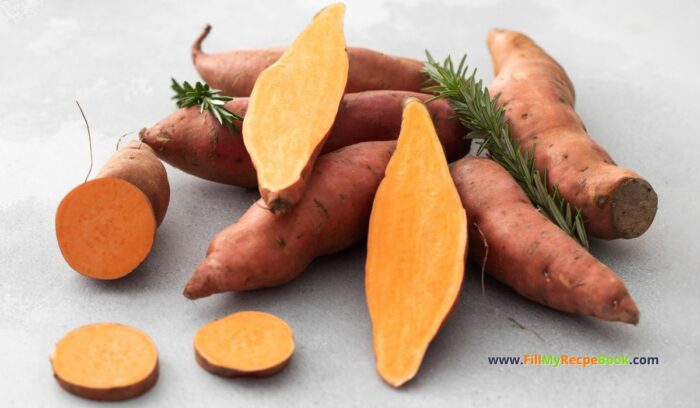 orange sweet potatoes, Roasted Sweet Potato Wedges recipe for a dinner meal. Delicious easy oven roast side dish for a lunch with meats and vegetables dish.