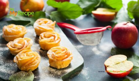 Mini Apple Rose Tarts recipe. A simple but delicious sweet apple oven baked apple pie or tart for a dessert garnished with castor sugar.