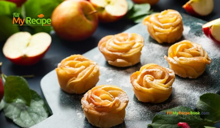 Mini Apple Rose Tarts recipe. A simple but delicious sweet apple oven baked apple pie or tart for a dessert garnished with castor sugar.