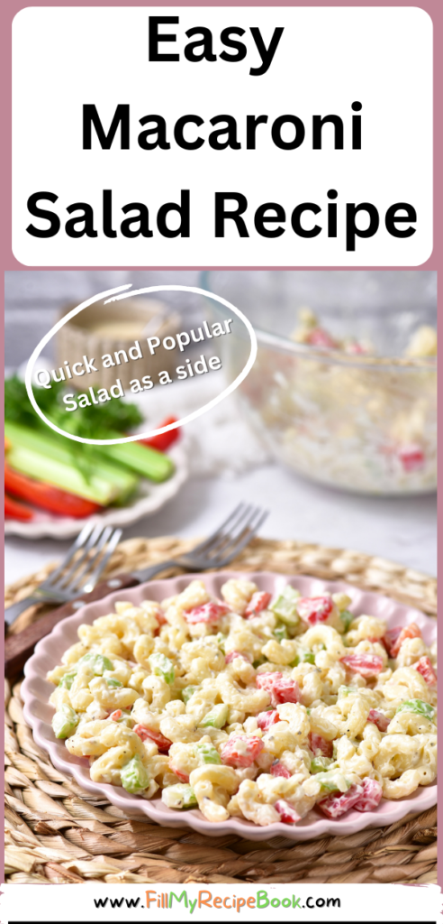 Easy Macaroni Salad Recipe idea for a cold side dish. Contains apple cider vinegar and mayo with sour cream, mustard. Quick and popular dish.