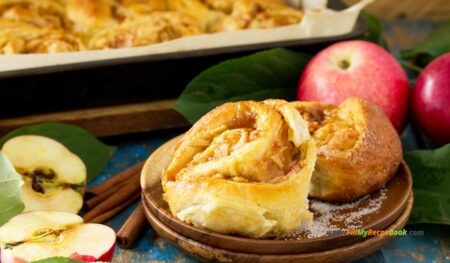 Homemade Apple Cinnamon Rolls recipe with white glazing. Easy dessert filled with sliced sweet apple, and brown sugar for a breakfast snack.