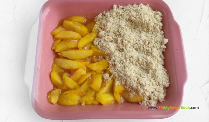 Homemade Peach Crumble Tart Recipe idea. Easy juicy fresh peaches with oats crust, dessert oven baked for a summer fruit pie for tea.