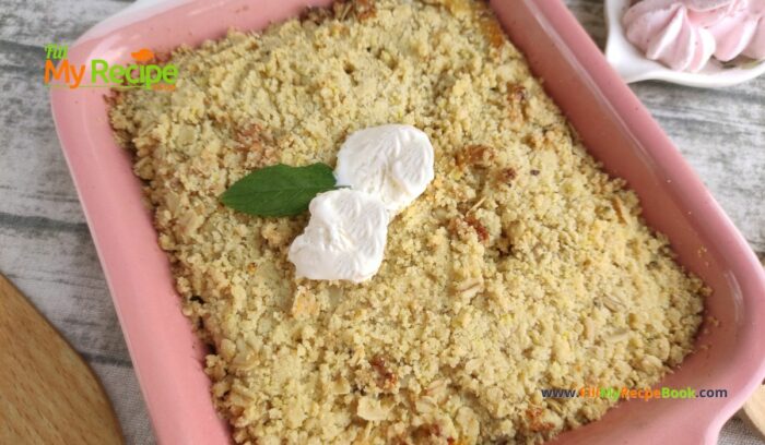 Homemade Peach Crumble Tart Recipe idea. Easy juicy fresh peaches with oats crust, dessert oven baked for a summer fruit pie for tea.