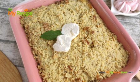 Homemade Peach Crumble Tart Recipe idea. Easy juicy fresh peaches with oats crust, dessert oven baked for a summer fruit pie for tea.