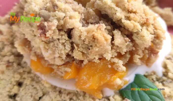 Homemade Peach Crumble Tart Recipe idea. Easy juicy fresh peaches with oats crust, dessert oven baked for a summer fruit pie for tea.