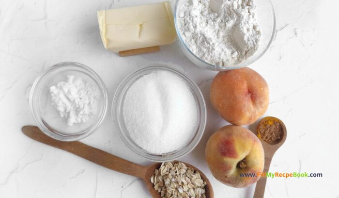 the ingredients, Homemade Peach Crumble Tart Recipe idea. Easy juicy fresh peaches with oats crust, dessert oven baked for a summer fruit pie for tea.