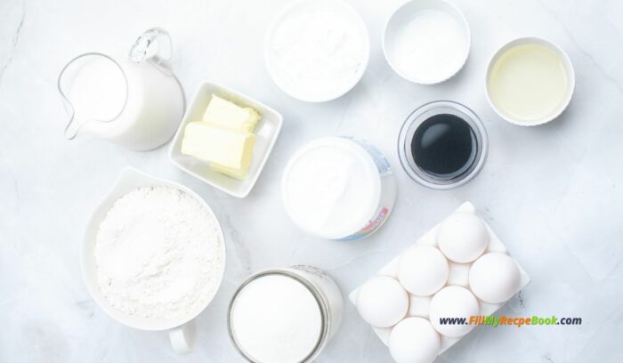 ingredients for this bundt cake, Homemade Twinkie Bundt Cake recipe. An easy fluffy cake with vanilla marshmallow cream filling for a dessert or snack for tea time.