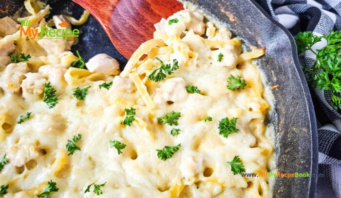 Iron Skillet Chicken Alfredo Casserole recipe. An easy creamy pasta bake for quick night dinners or lunch the family will love.