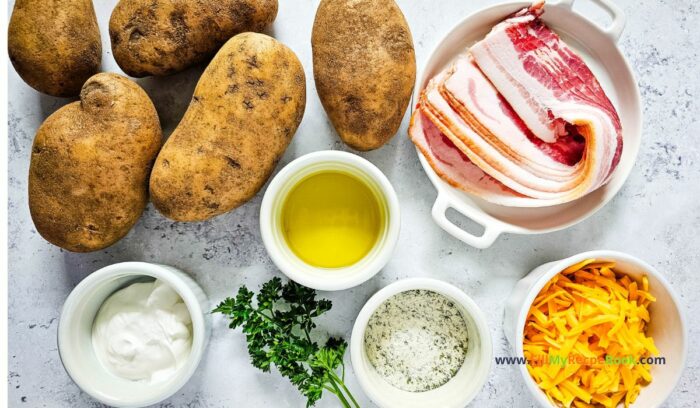 ingredients, Potato with Bacon cheese Dish recipe to create for a lunch or dinner. Homemade side dish, oven baked meal for families, large gatherings.