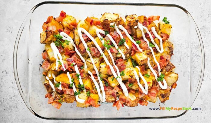 Potato with Bacon cheese Dish recipe to create for a lunch or dinner. Homemade side dish, oven baked meal for families, large gatherings.