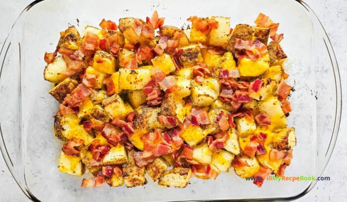 Potato with Bacon cheese Dish recipe to create for a lunch or dinner. Homemade side dish, oven baked meal for families, large gatherings.