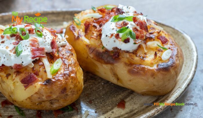 Loaded Baked Potatoes Grilled recipe. Easy homemade potato jackets filled with cream cheese and bacon bits topped with cheddar for a meal.