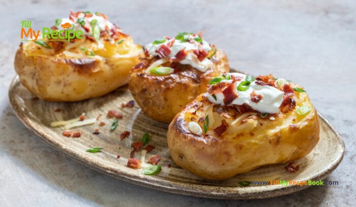 Loaded Baked Potatoes Grilled recipe. Easy homemade potato jackets filled with cream cheese and bacon bits topped with cheddar for a meal.