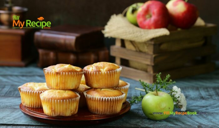 Healthy Easy Apple Muffins recipe for snacks. Fresh homemade muffins with cinnamon and coconut oil and honey, topped with brown sugar.