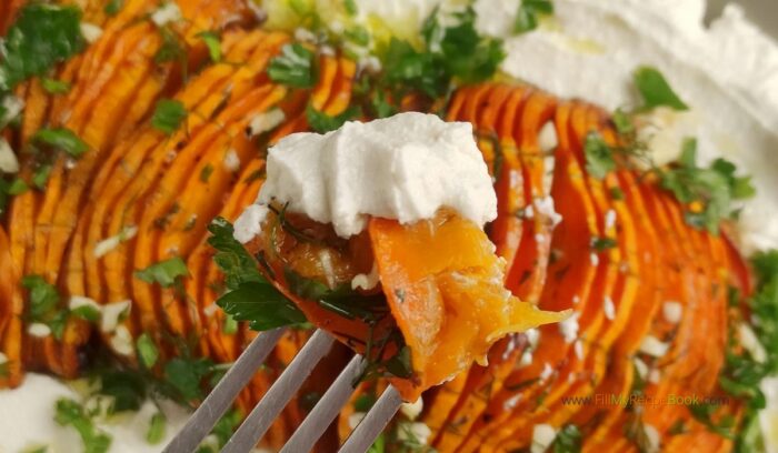 Roasted Hasselback Butternut Squash with cream cheese and garlic recipe. A delicious vegetable side dish for a family meal of lunch, dinner.