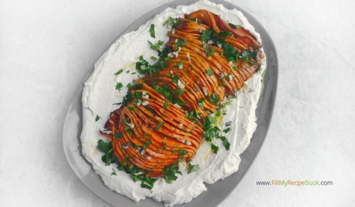 Roasted Hasselback Butternut Squash with cream cheese and garlic recipe. A delicious vegetable side dish for a family meal of lunch, dinner.