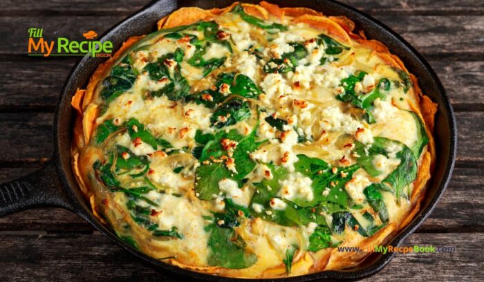 Sweet Potato Spinach Feta Quiche recipe idea. A healthy low carb crust of sweet potato with tasty spinach and feta goats cheese filling.