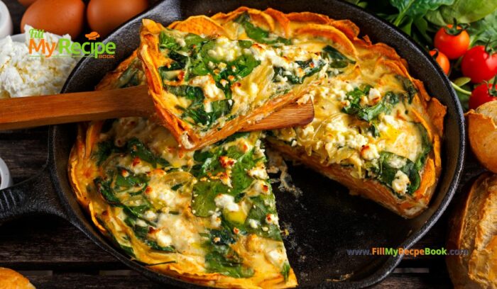 Sweet Potato Spinach Feta Quiche recipe idea. A healthy low carb crust of sweet potato with tasty spinach and feta goats cheese filling.