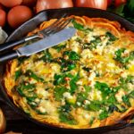 Sweet Potato Spinach Feta Quiche recipe idea. A healthy low carb crust of sweet potato with tasty spinach and feta goats cheese filling.