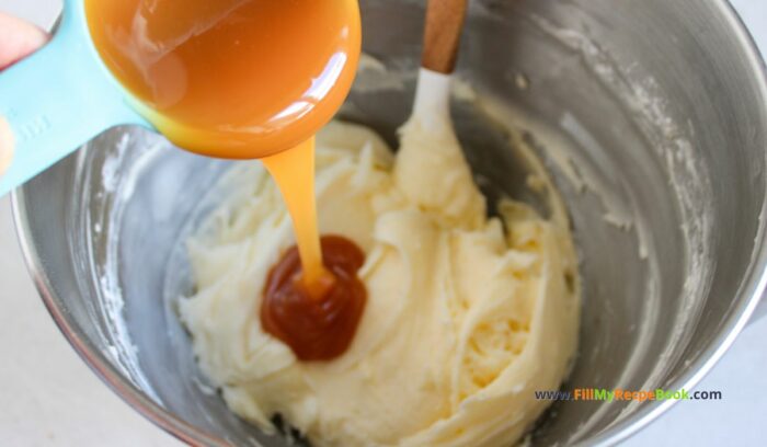 making the cream cheese caramel icing. Best Pumpkin Cake recipe with salted caramel cream cheese frosting. A delicious dessert using pumpkin puree, pumpkin spices for fall treat.