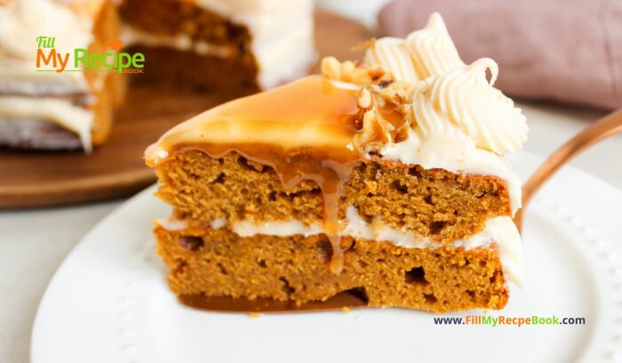 slice and serve for tea time dessert. Best Pumpkin Cake recipe with salted caramel cream cheese frosting. A delicious dessert using pumpkin puree, pumpkin spices for fall treat.