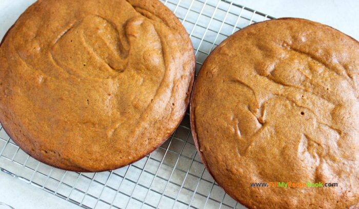 cooling the baked cake, Best Pumpkin Cake recipe with salted caramel cream cheese frosting. A delicious dessert using pumpkin puree, pumpkin spices for fall treat.