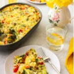 Broccoli Cauliflower Tomatoes Casserole recipe with peppers and spinach topped with cheese for a healthy family meal for lunch or dinner.