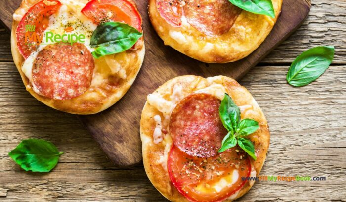 Fresh Mini Pizza Appetizer recipe idea. Easy healthy two ingredient pizza base with pepperoni and cheese for snacks on platters.