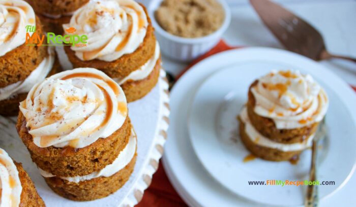 Bake this Mini Frosted Pumpkin Cakes recipe idea. Tasty moist pumpkin spiced, small cakes decorated with caramel buttercream, for dessert.