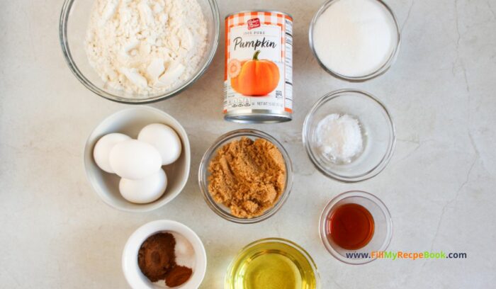 ingredients, Bake this Mini Frosted Pumpkin Cakes recipe idea. Tasty moist pumpkin spiced, small cakes decorated with caramel buttercream, for dessert.