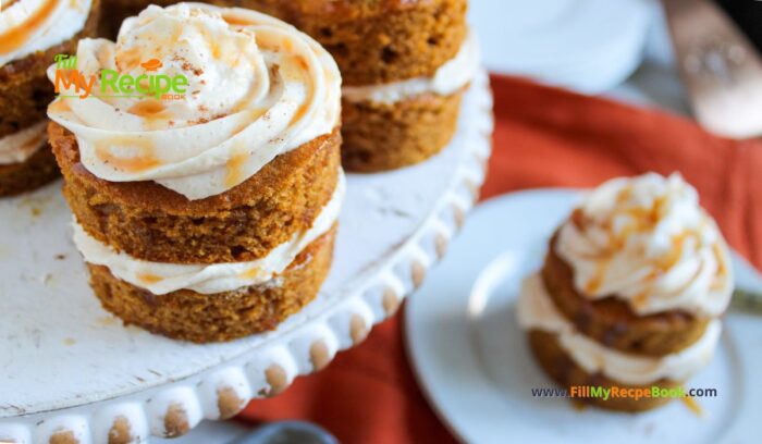 Bake this Mini Frosted Pumpkin Cakes recipe idea. Tasty moist pumpkin spiced, small cakes decorated with caramel buttercream, for dessert.